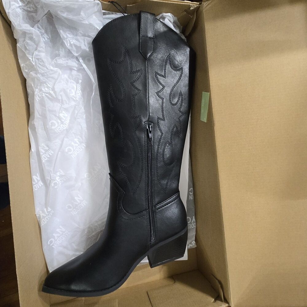 Madden NYC Boots Women's Sz 6 Tall Black Western Embroidered Pointed Block Heel - Picture 10 of 10